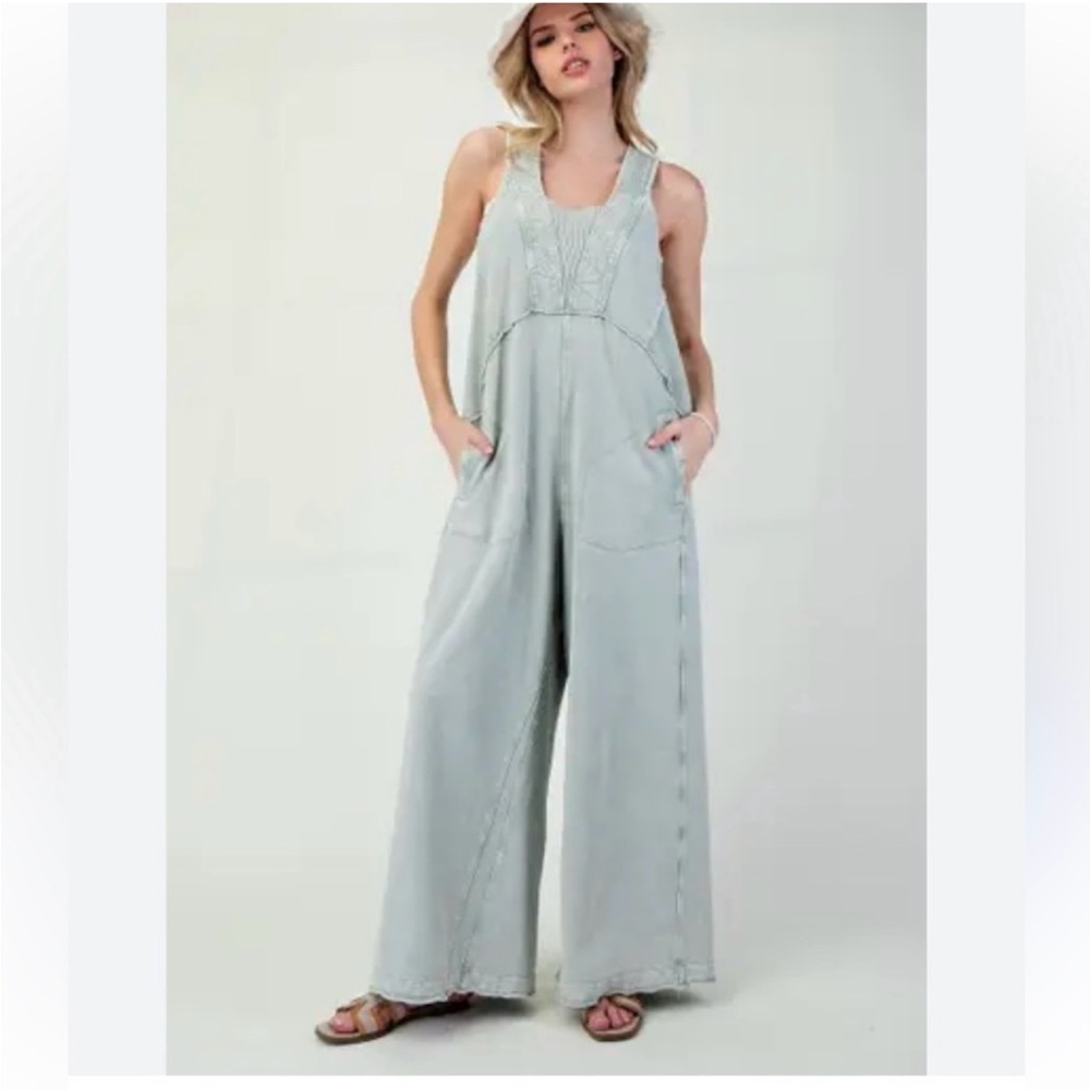 Easel Mineral Washed Terry Knit Jumpsuit in stone wash